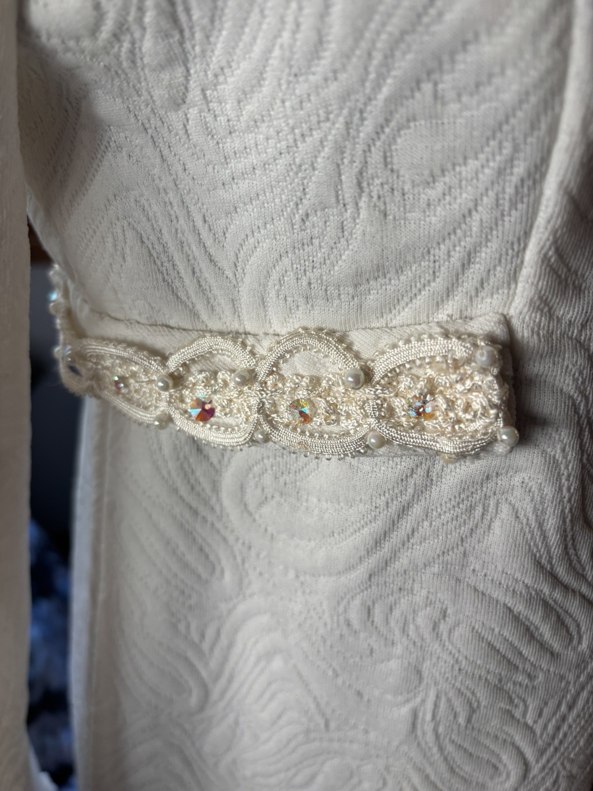 Vintage MCM 1960s Ivory Jacquard Wedding Dress bridal beaded Lace bell sleeves