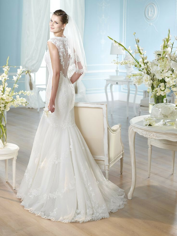 San Patrick Haliza Mermaid Wedding Dress 8 10 12 Off-White Lace Sash $1,608