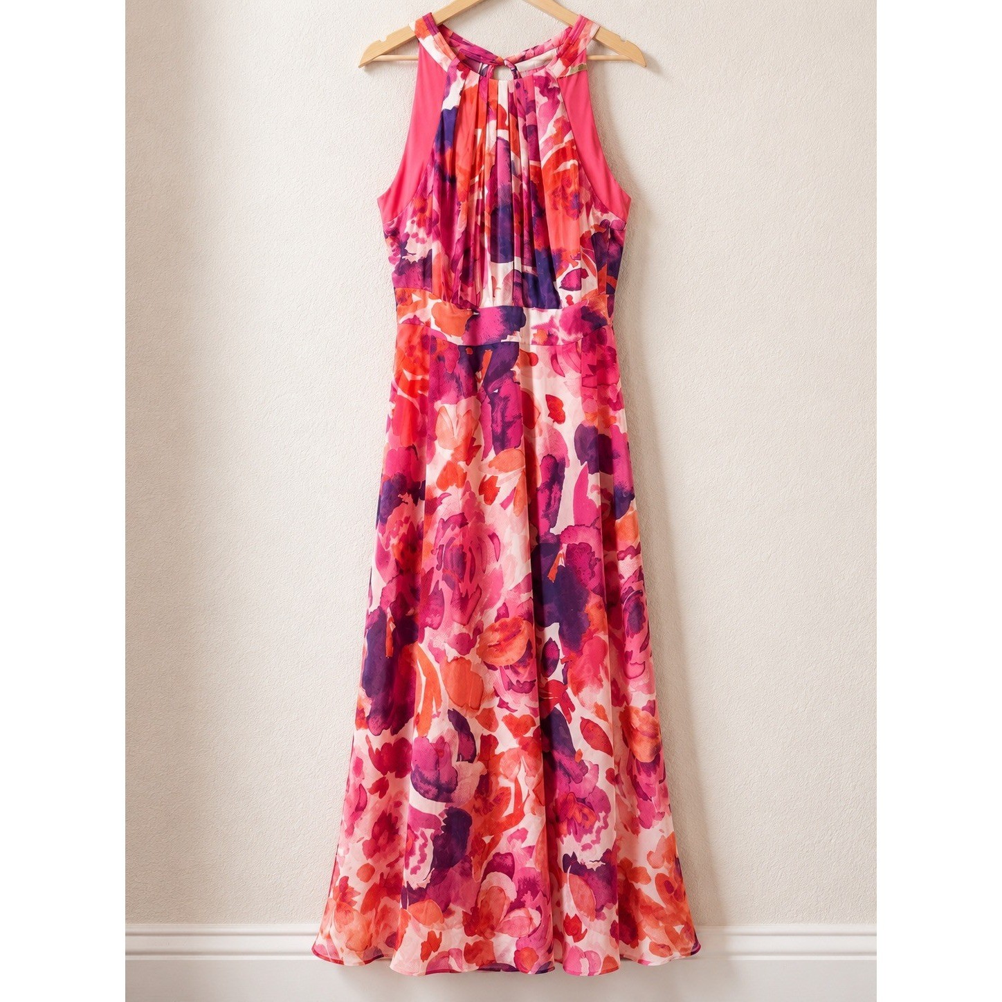 Eliza J Womens 20W Floral Maxi Dress Pink Purple Pleated Halter Wedding Guest