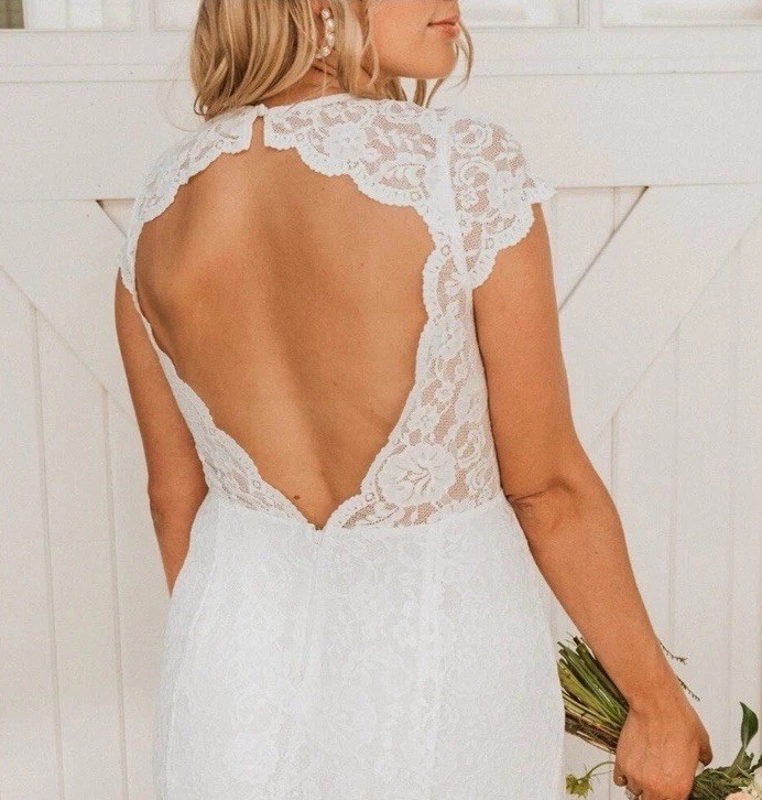 Show Me Your Mumu Lace Bridal Gown Open Back Cap Sleeve Boho Wedding Dress M