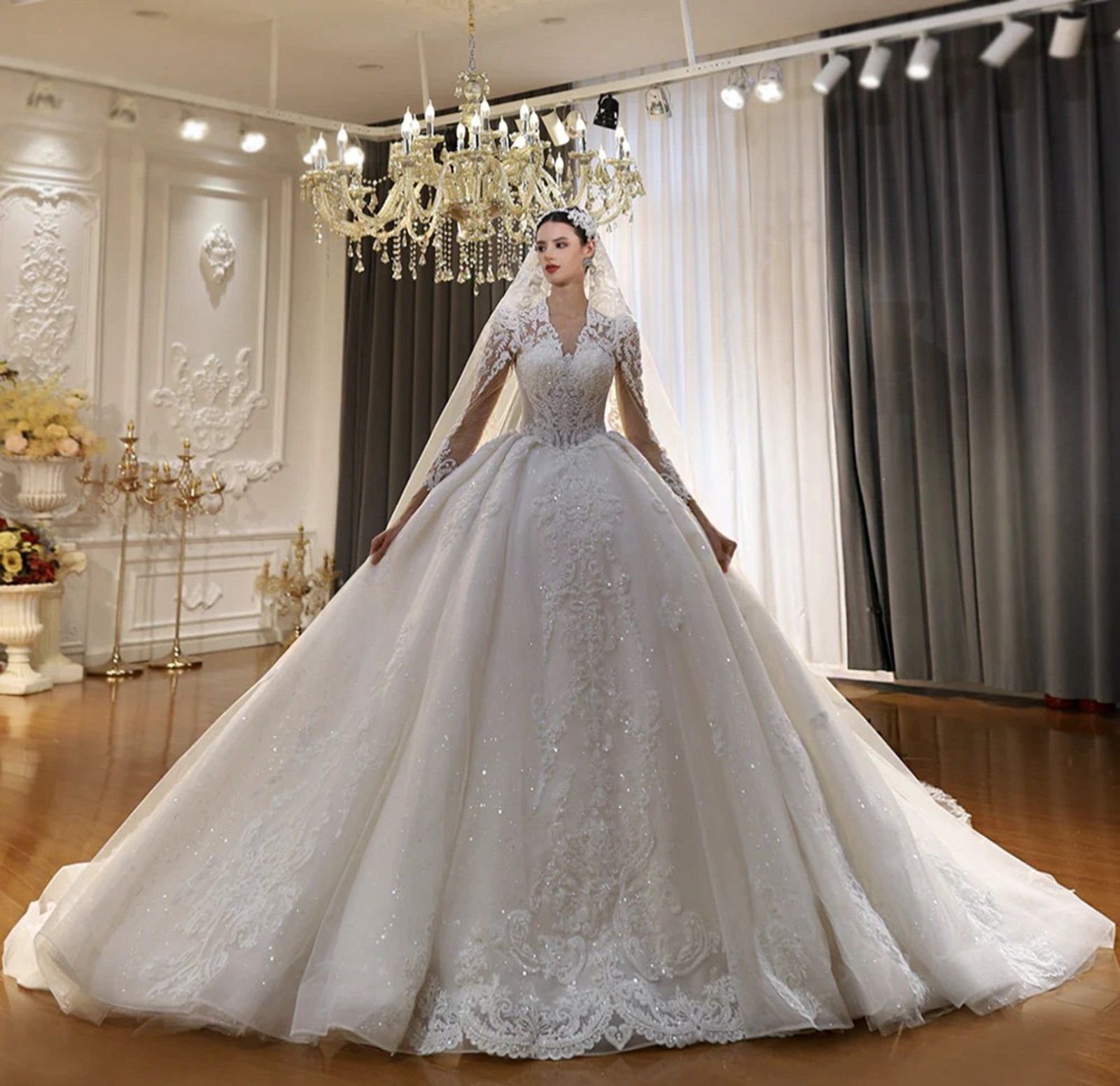 Luxurious lace wedding dress wedding dress 32-60 glitter tulle to measure crystals