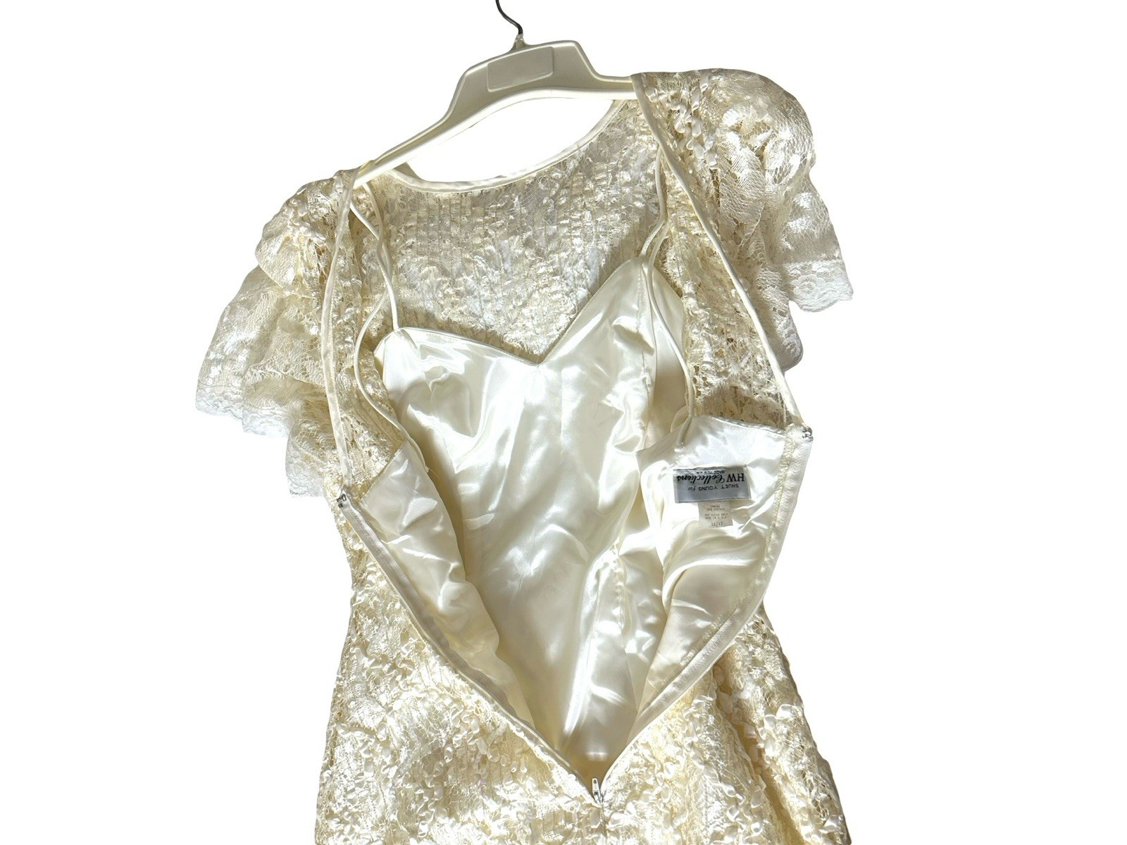 VTG Wedding Dress Sz 11/12 Lace Ivory Drop Waist Tea Length Flutter Sleeve READ