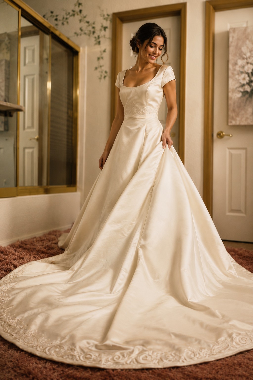Demetrios champagne Embroidered A-Line Wedding Dress Cap Sleeve Square Neck