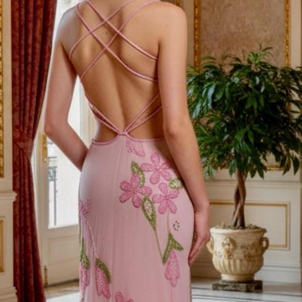 Elegant Pink Floral hand beaded Attitudes by Debra formal gown