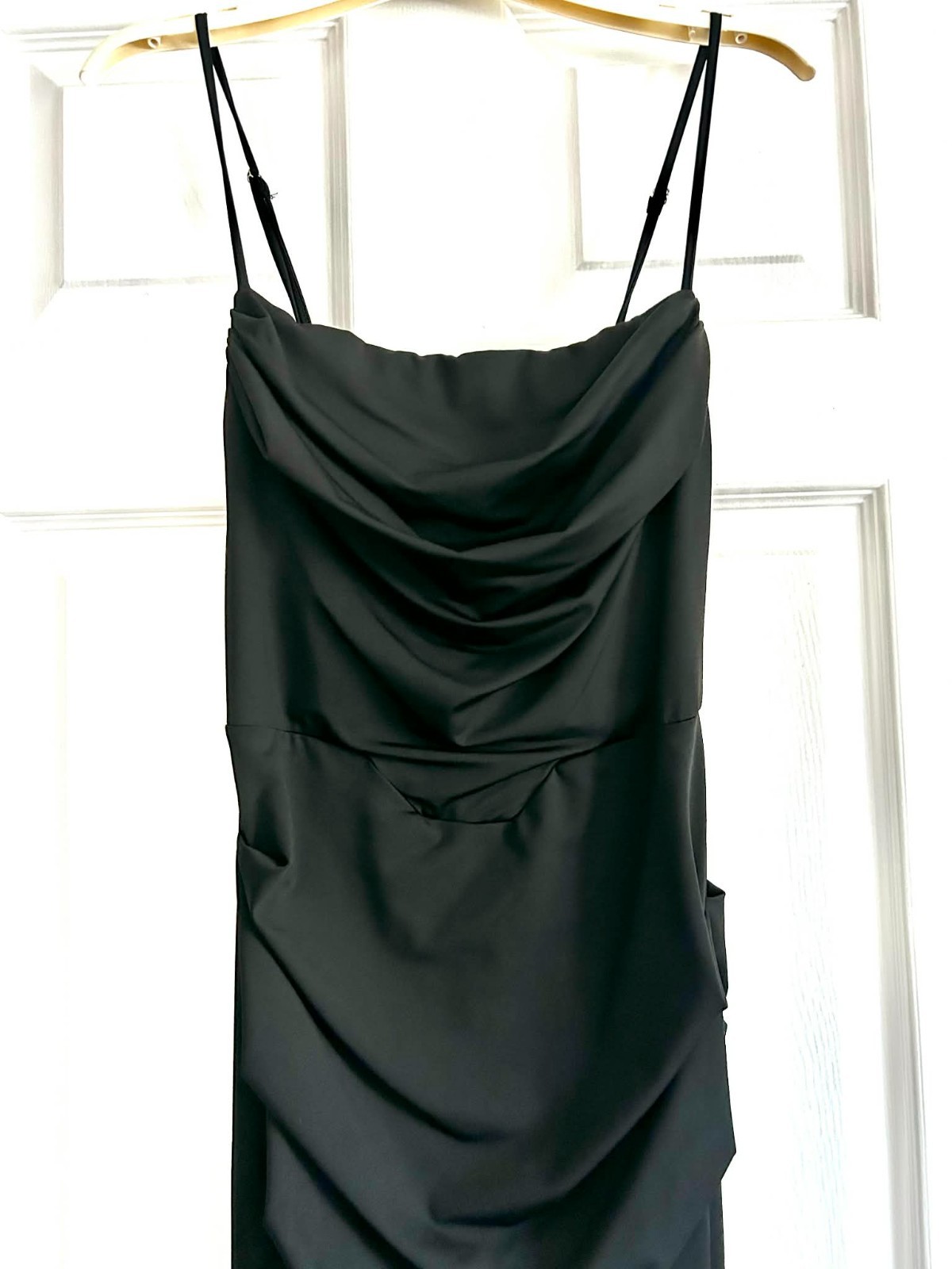 Elegant Long Black Mermaid-Style Gown with Ruching; Wedding Guest, Black-Tie