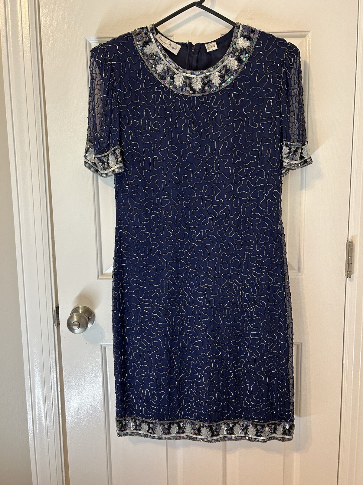 Vtg LAURENCE KAZAR Silk Short Sleeve Navy Sequin Beads Dress Size Sz L Heavy 80s