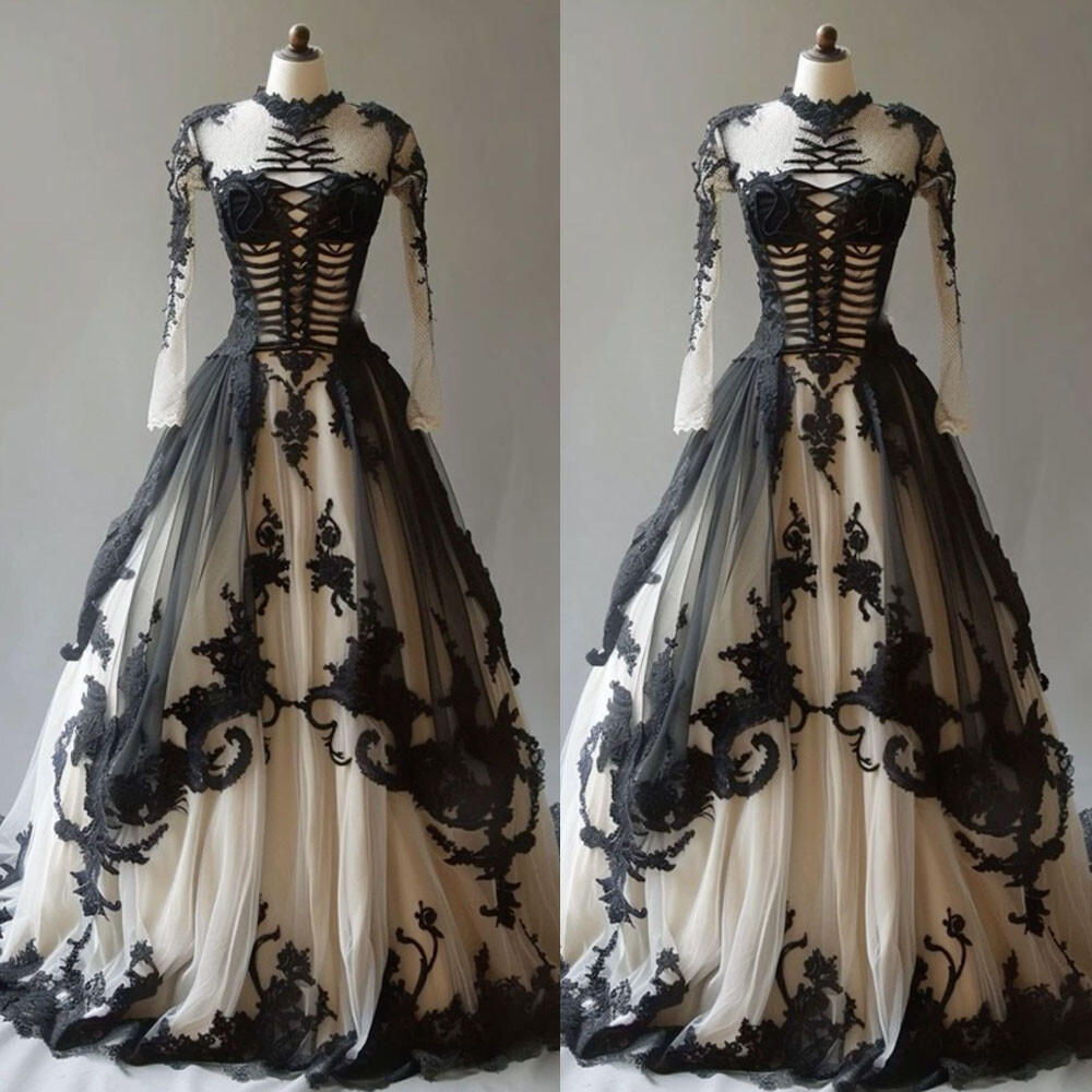 Gothic Black and White Wedding Dresses Long Sleeves Lace Applique Bridal Gowns