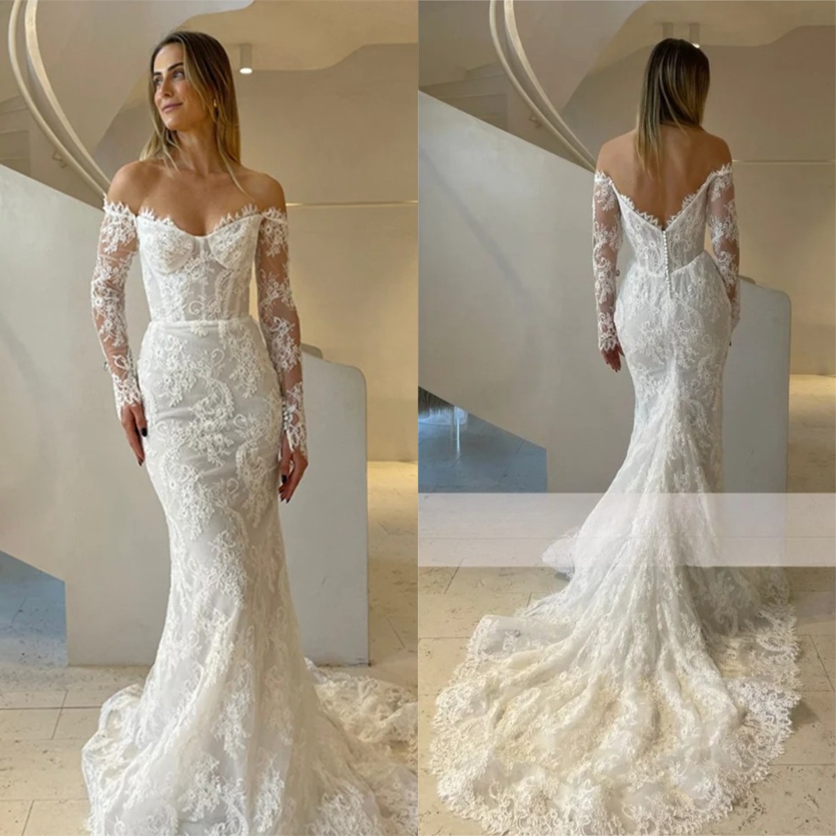 Sweetheart 3/4 Sleeve Mermaid Lace Wedding Dress Backless Zipper With Buttons