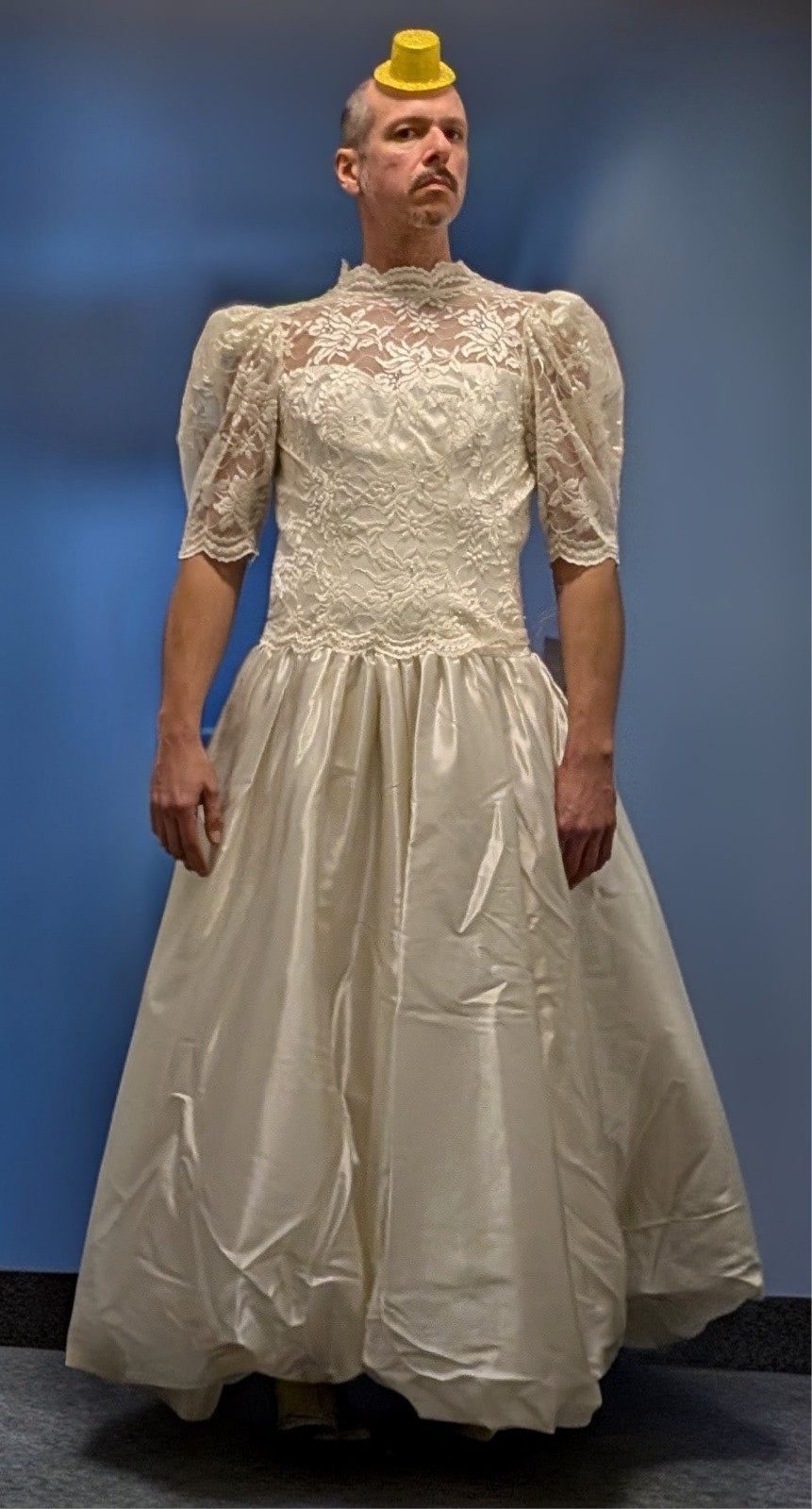 Dessy Creations Vintage 80s Wedding Dress Ivory Lace / Satin High neck &Sleeve
