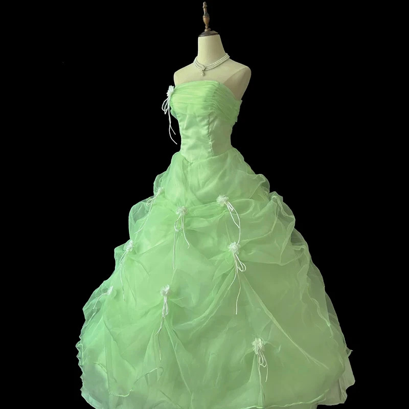 Princess Grass Green Lace Strapless Sleeveless Beading White Flower Bow Ruffles