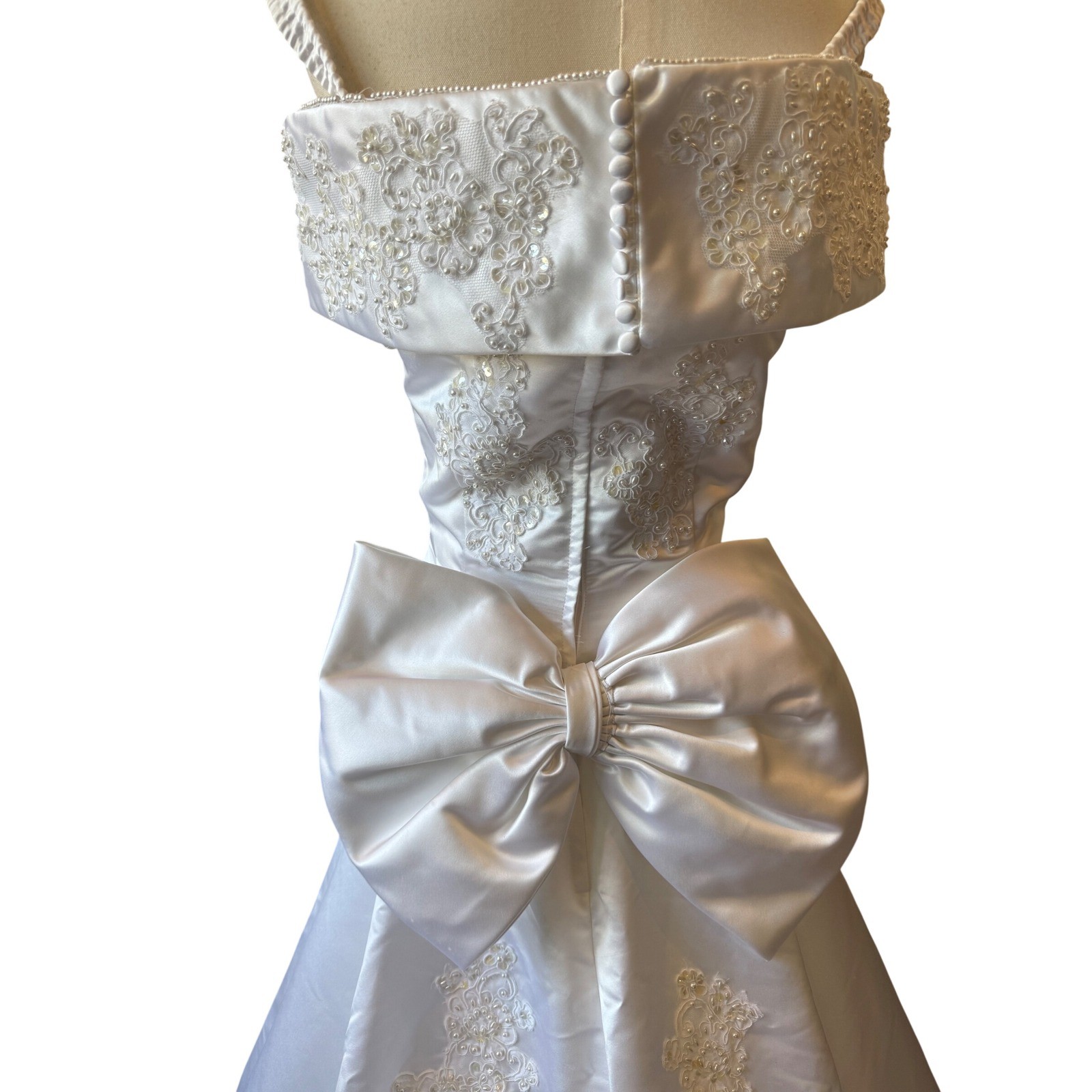 Vintage Mori Lee White Beaded Bow Wedding Dress Size 12 Off The Shoulder V Neck