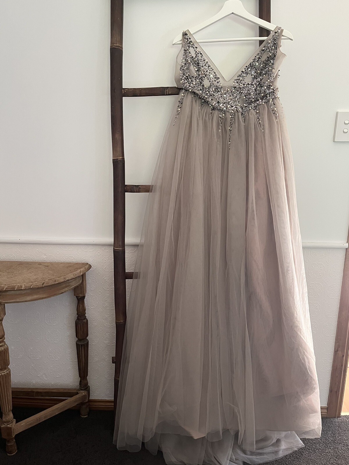Boho Pearl and Sequin Taupe Tulle Wedding Dress with Slit Bridal Formal Gown