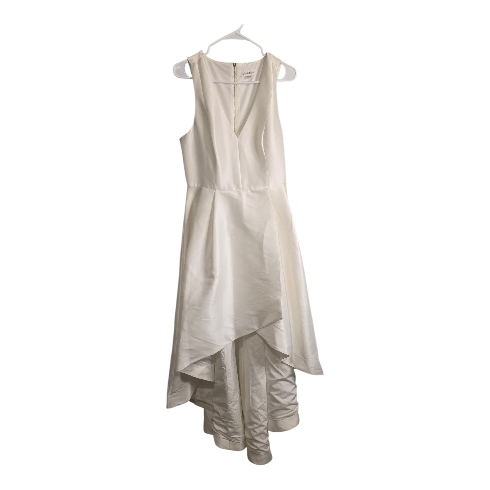 calvin Klein Ivory Sleeveless V-Neck A-Line High-Low Wedding Dress, Zipper Back
