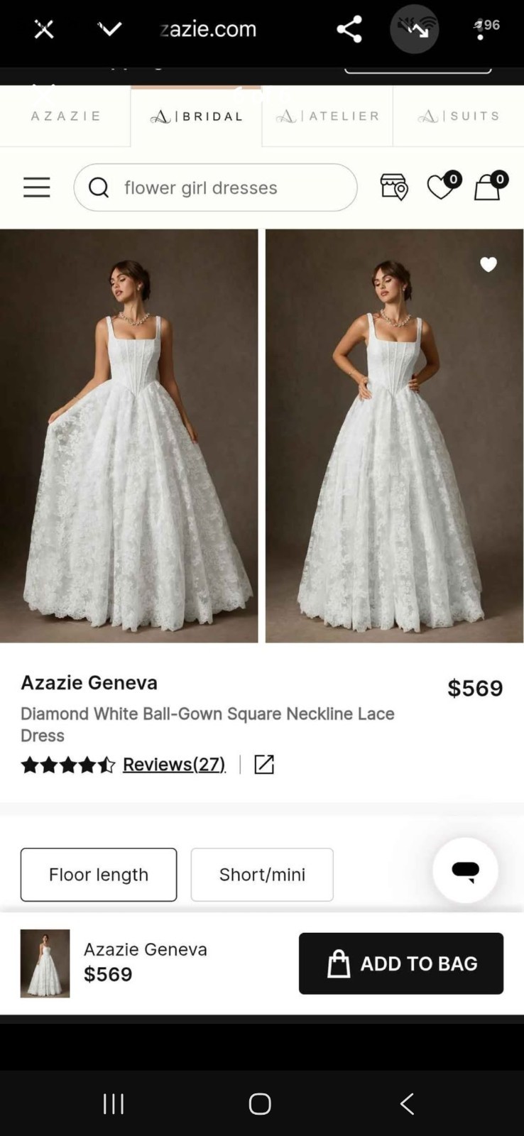Azazie Geneva White Lace Ball Gown Wedding Dress Square Neck