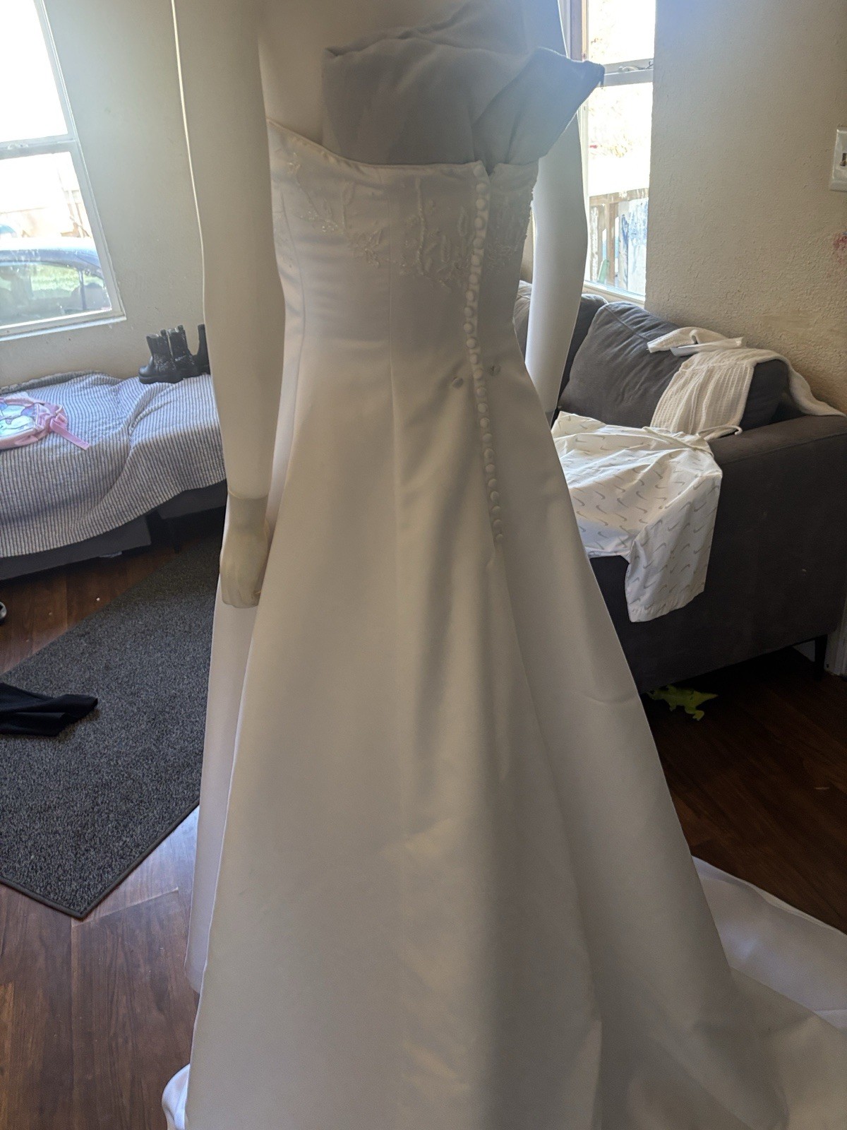Strapless White Embroidered Beaded A-Line Wedding Dress with Train & Buttons