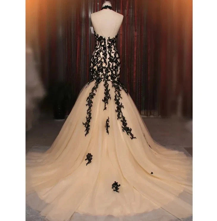Wedding Dress Black Lace Champagne Mermaid High Neck Sexy Open Back Bridal Gown