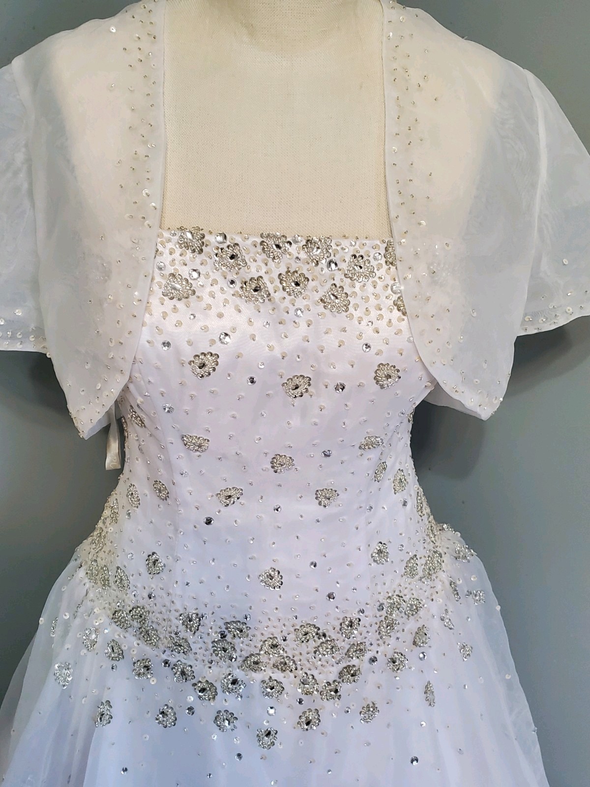 Mary’s Bridal White Wedding Dress Strapless Beaded Ball Gown w/ Bolero Jacket 10