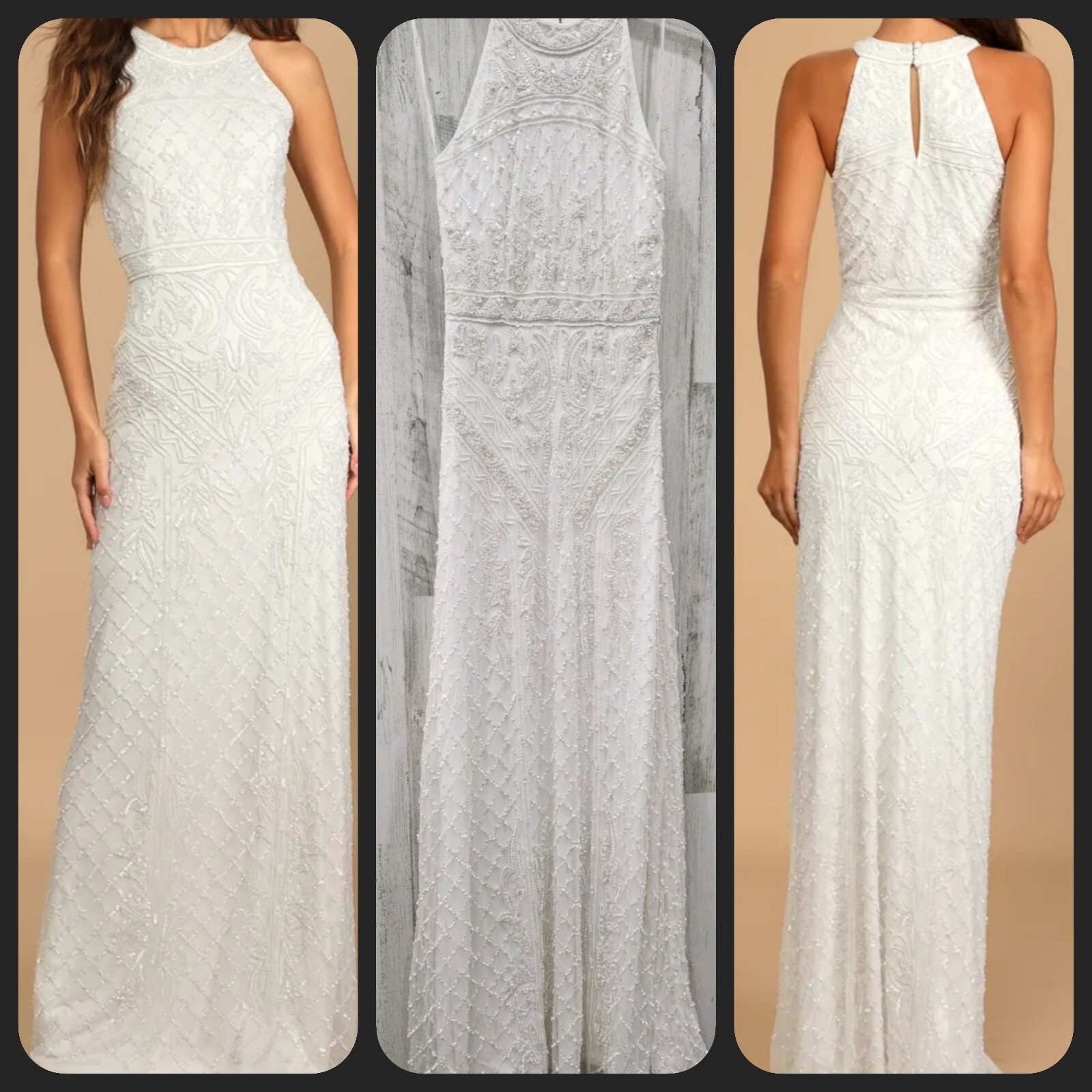 LULUS LUXE All the Romance White Beaded Sequin Halter Mermaid Maxi Dress Size XS