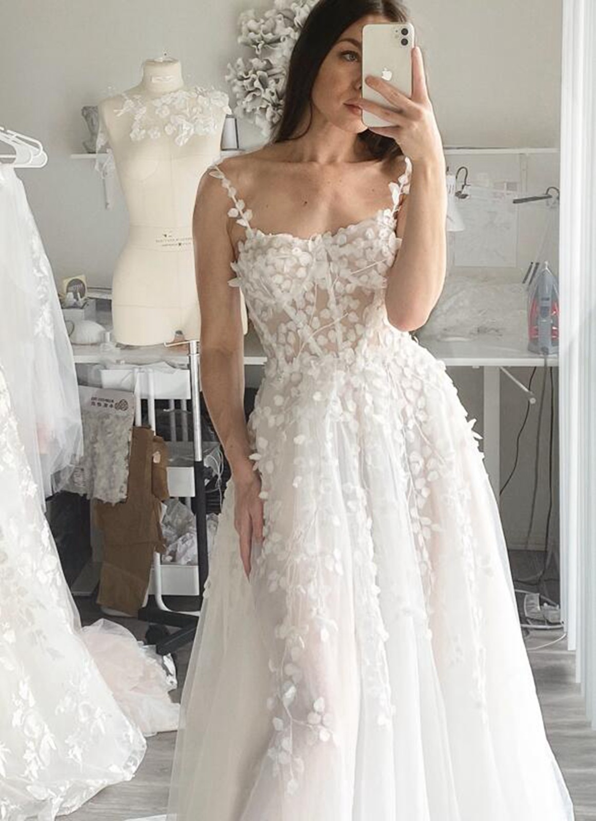 Top Boho Floral Lace Wedding Dress Wedding Dress 32-60 Pink Ivory Strappy Lace Up