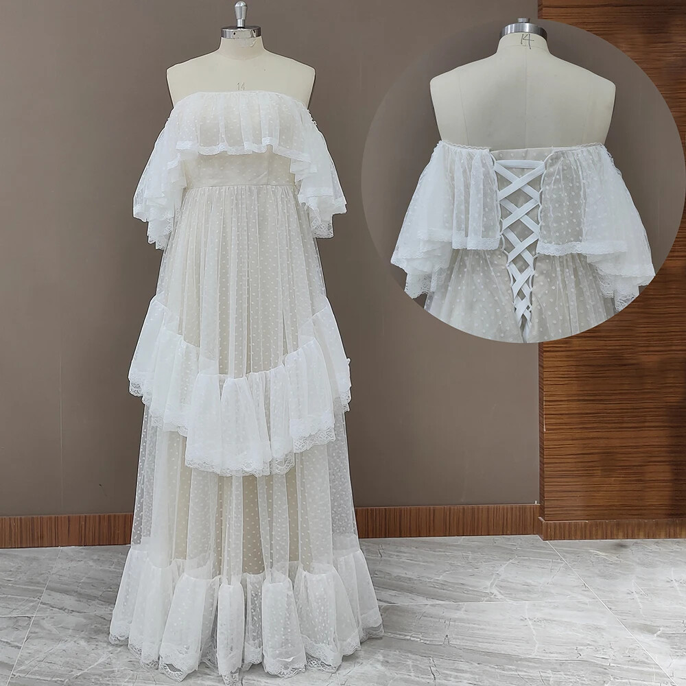 Victorian Wedding Dresses Tiered Lace Ruffle Bridal Gowns Off Shoulder Rustic