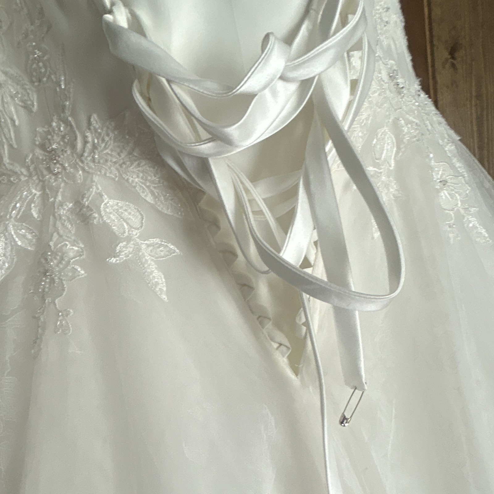 White Strapless Lace Bodice Ball Gown Wedding Dress Full-Length Corset Back