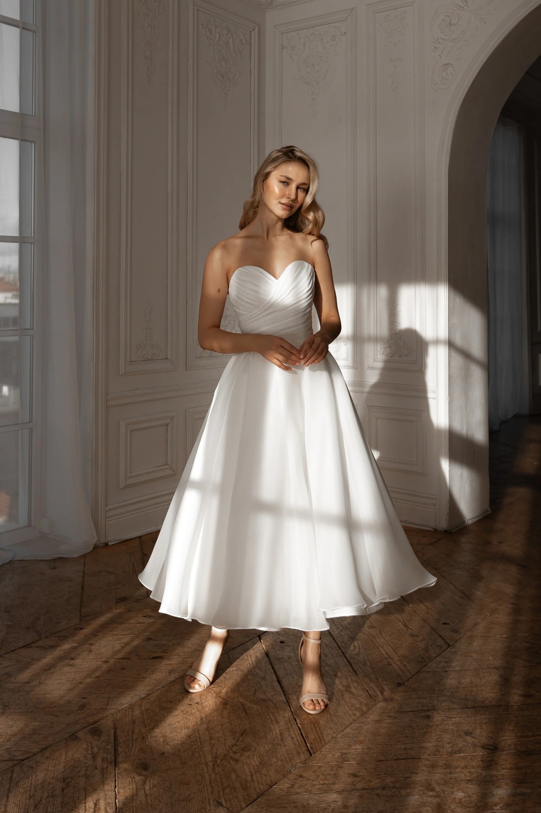 Ruched Short Organza Wedding Dress Civil Service Dress Off Shoulder Plain 32-60