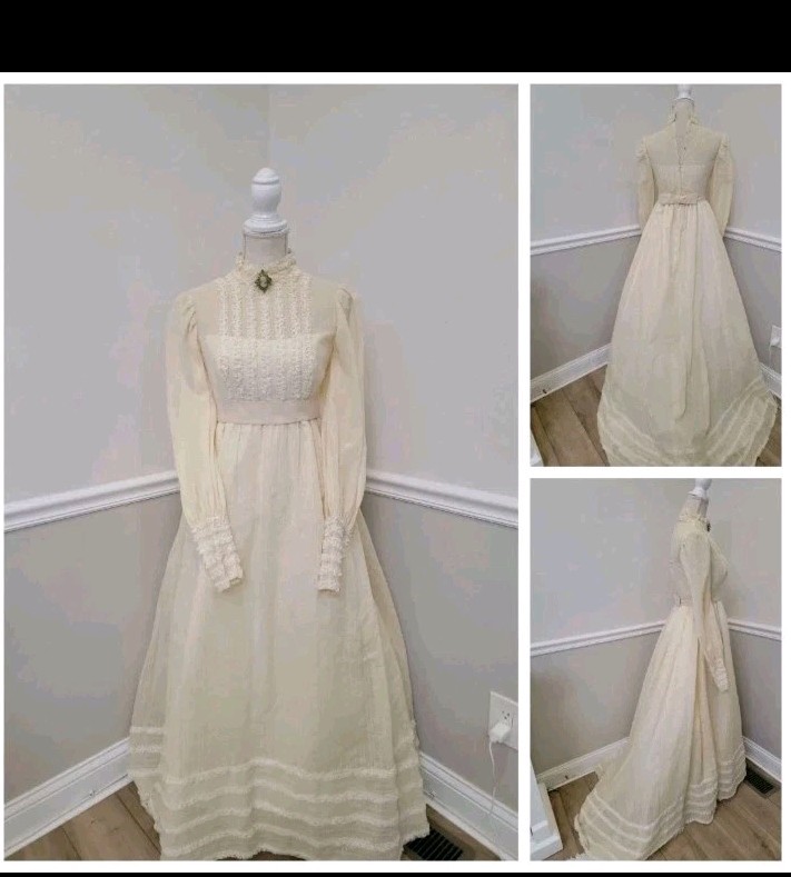 VTG Edwardian Revival Wedding Dress – High Neck Lace Long Sleeve Prairie Gown W6