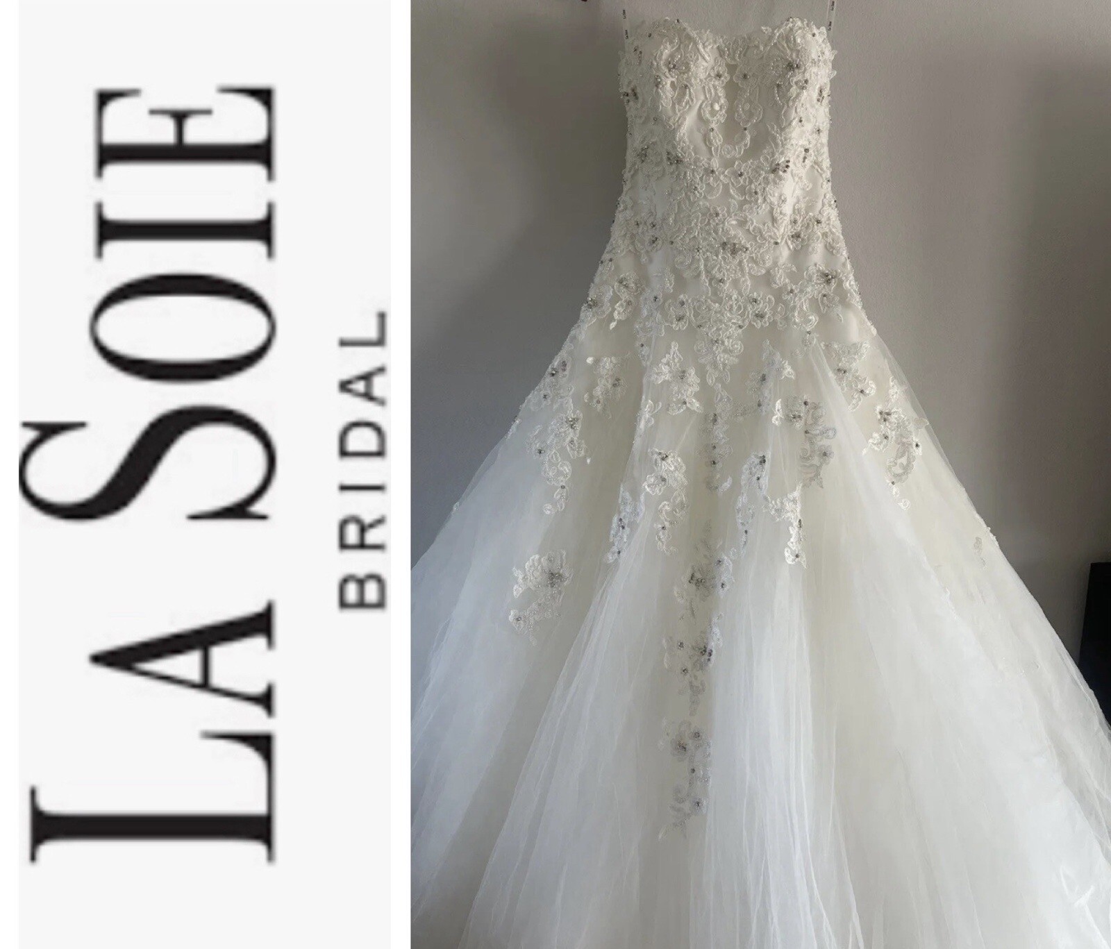 La Soie Bridal Wedding Gown White Tulle Ball Gown Strapless Crystals Beaded US 6