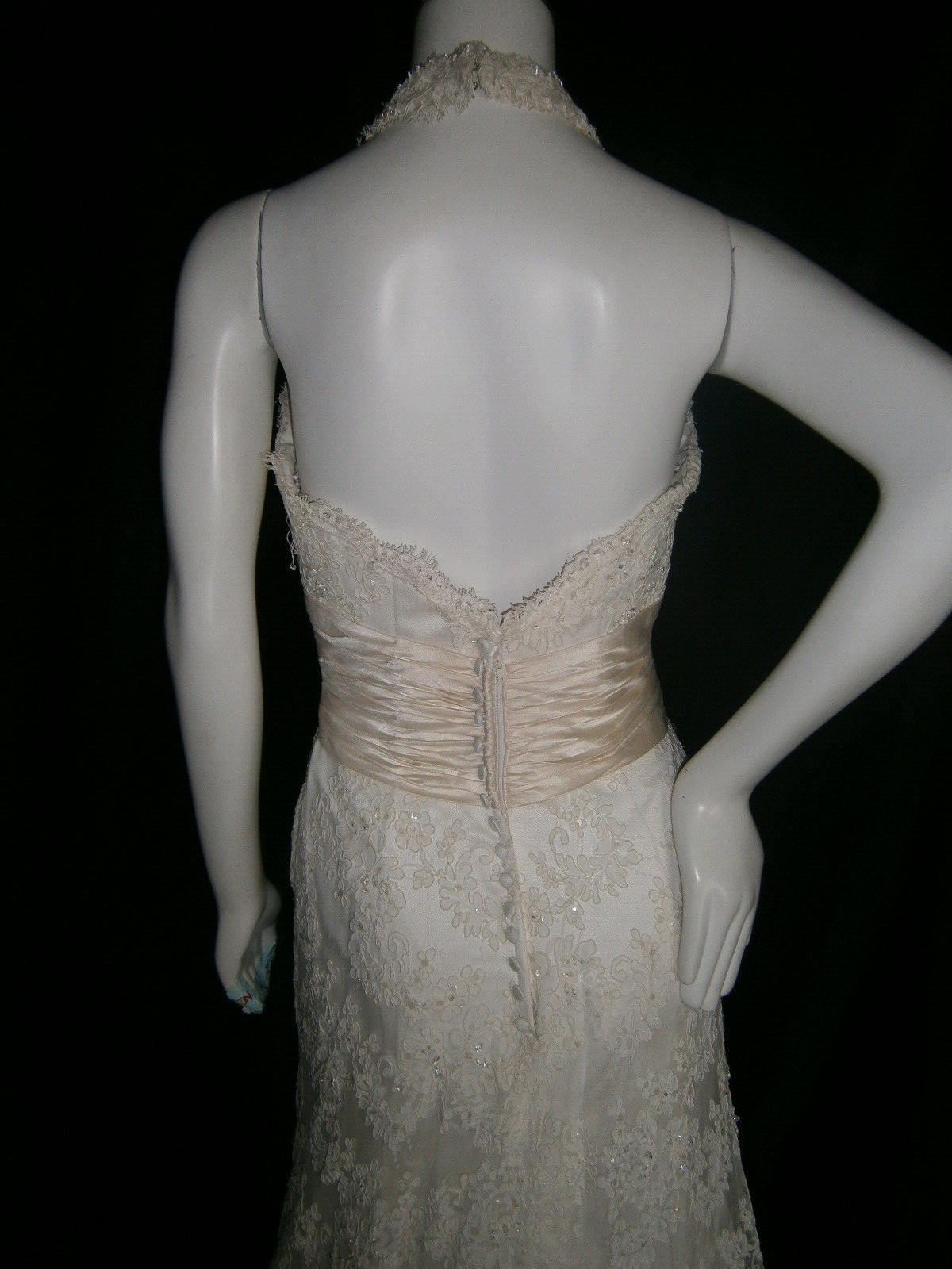 Alfred Sung Wedding Dress 8 Ivory Lace Halter Champagne Ruched Belting Ballgown