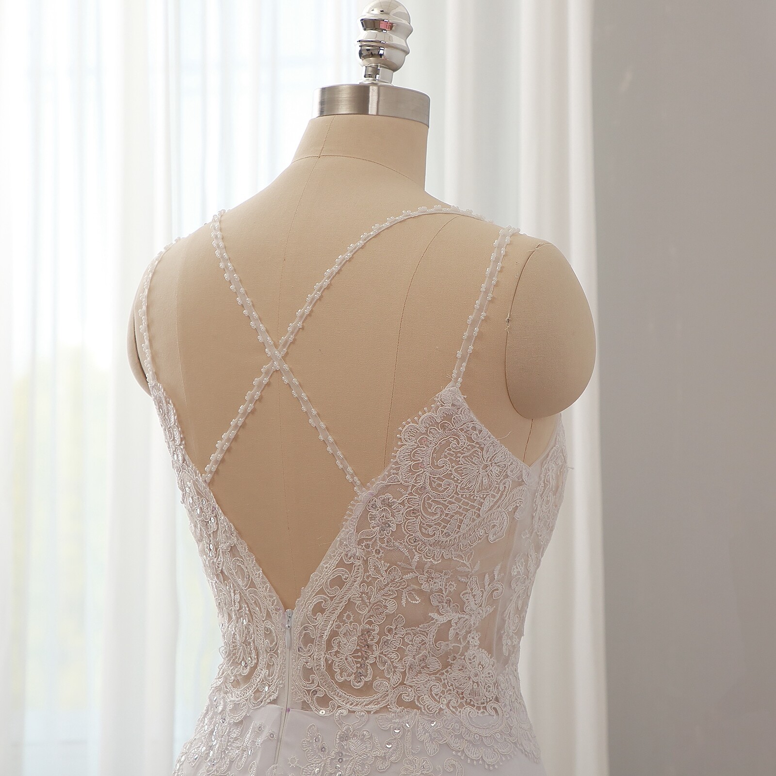 Beaded Flowy Chiffon Wedding Dress Bridal Gown Cross Straps Lace Bodice Sheer