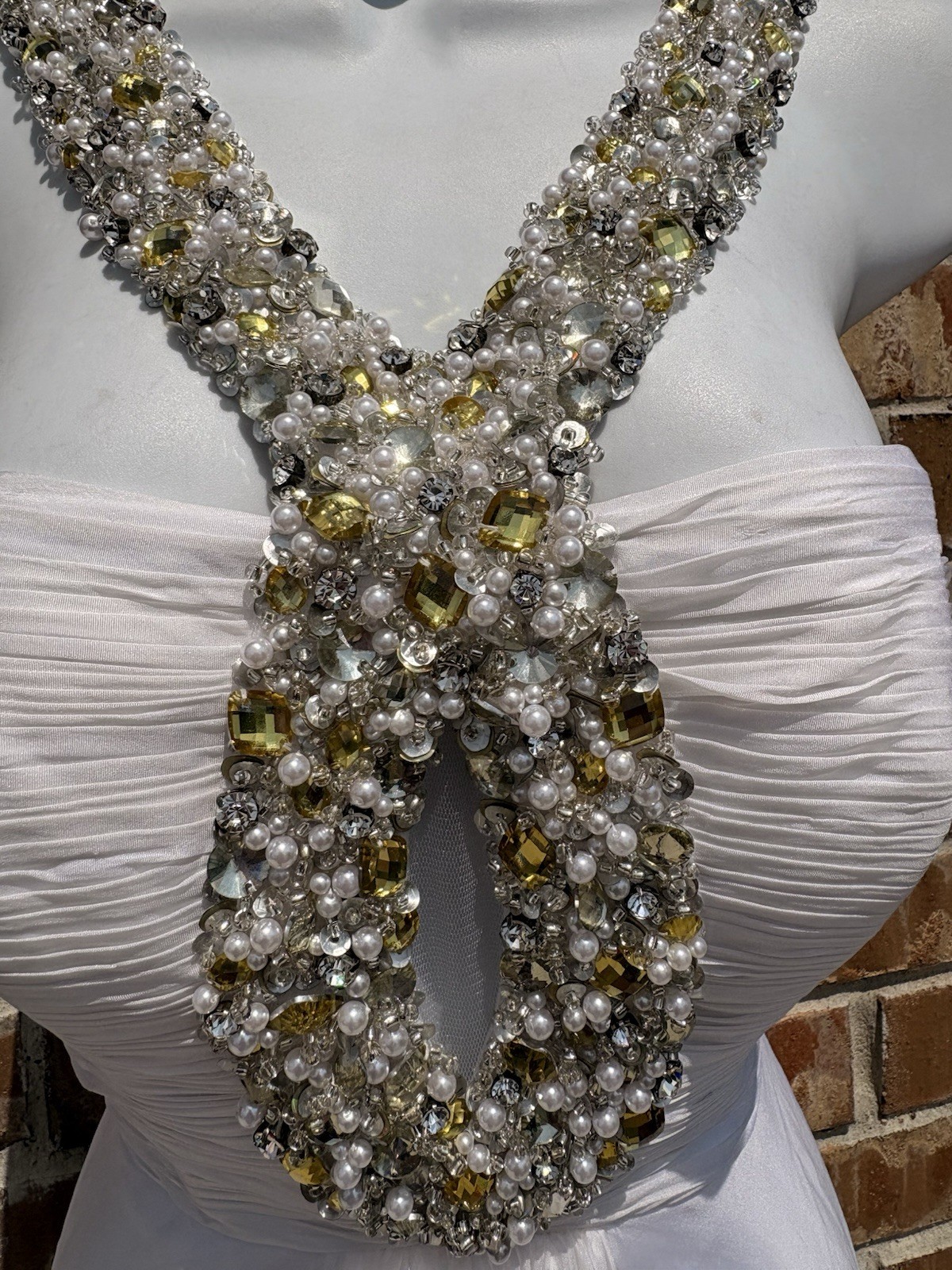 Sherri Hill 19662 High-Low Halter Beaded Chiffon Dress White/Gold Size 4