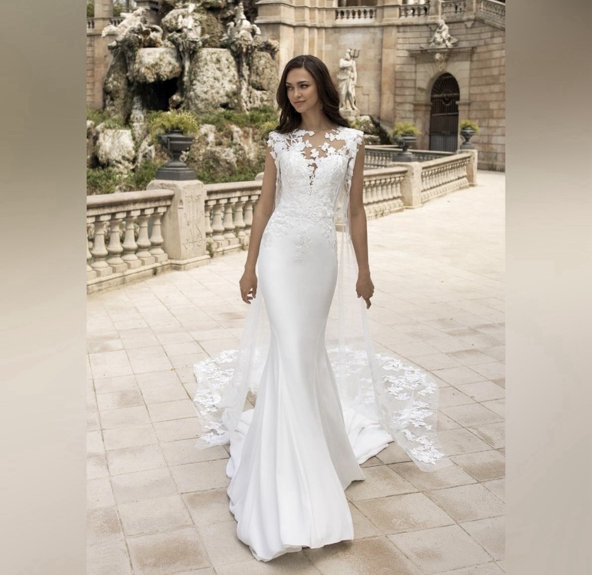 Pronovias Drail Mermaid Wedding Dress Ivory Lace Illusion Neck Tank Size 22