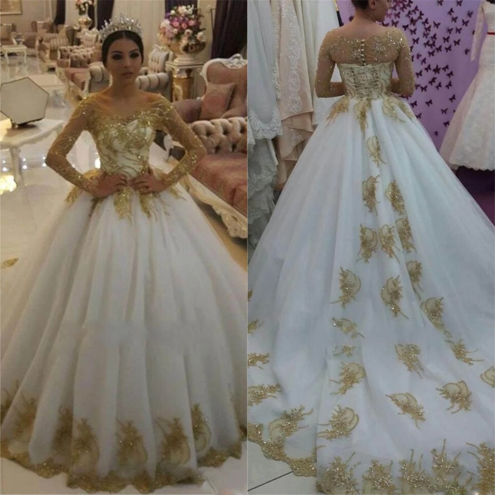 Long Sleeves Golden Lace Appliques Wedding Dresses Long Bridal Gowns Customized