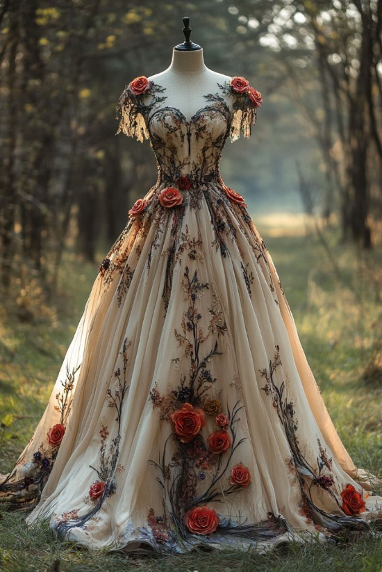Champagne 3D Florals Wedding Dresses Short Sleeves A Line Vintage Forest Bridal