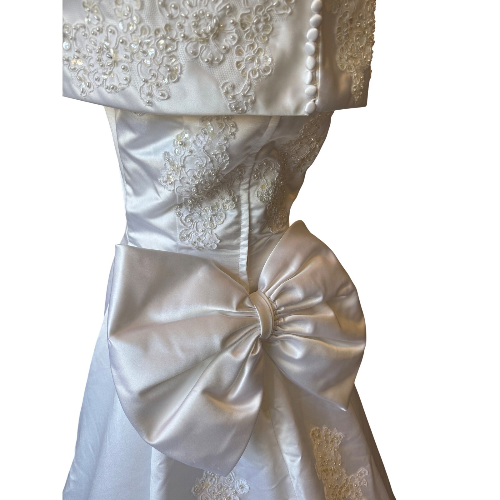 Vintage Mori Lee White Beaded Bow Wedding Dress Size 12 Off The Shoulder V Neck