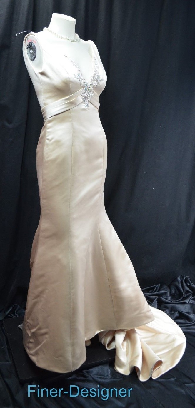 DEMETRIOS BEADED TRUMPET Wedding bridal dress champagne satin sleeveless 10 NEW