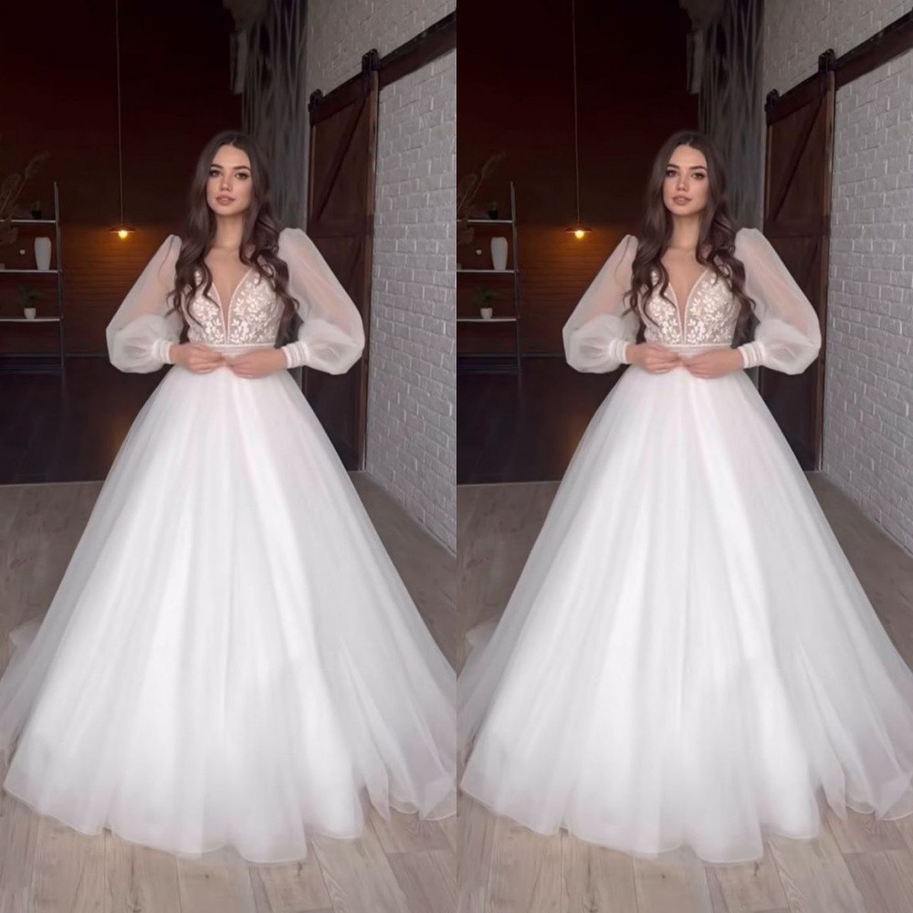Boho Wedding Dresses V Neck Long Sleeves A Line Beach Bridal Gowns Sweep Train