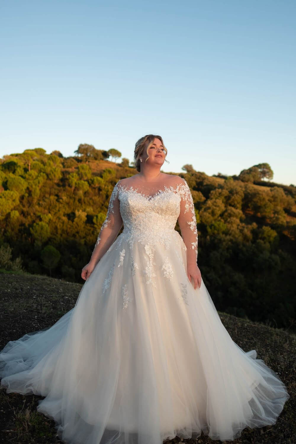 Wedding Dresses with Illusion Neck Long Sleeve Sweep Train Plus Size Bridal Gown