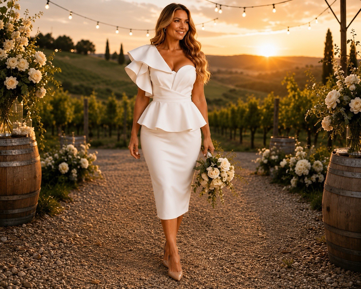 Wedding Dress Size 6 Ivory One-Shoulder Ruffle Peplum Midi