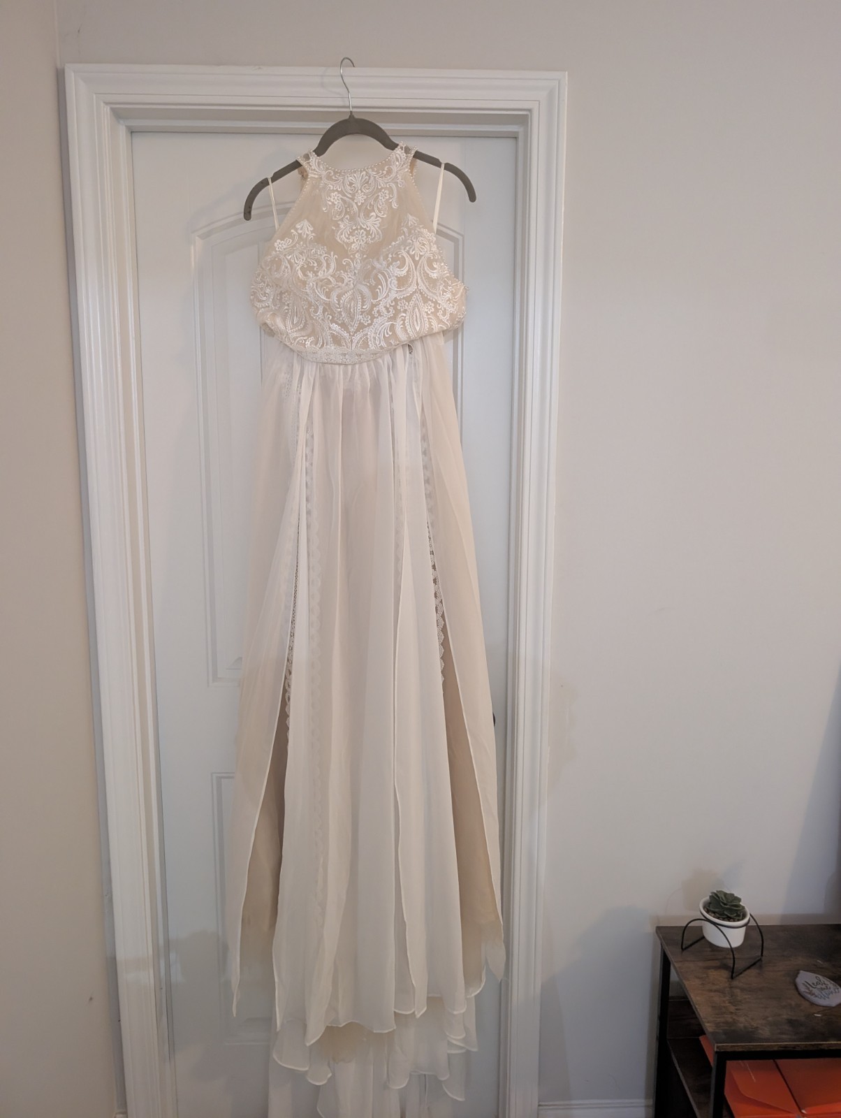 Ivory Halter Neck Sleeveless Lace & Embroidery A-Line Full-Length