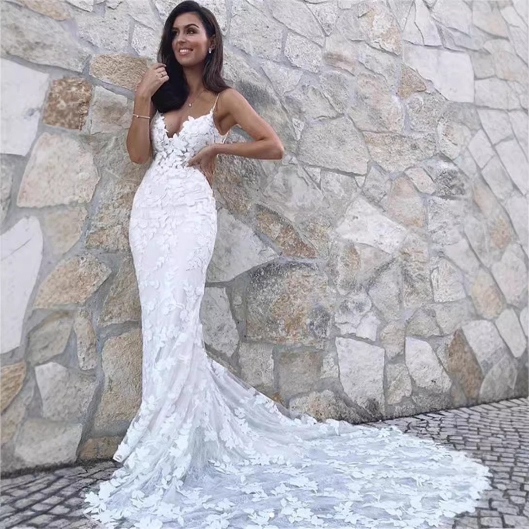 Boho Backless Spaghetti Strap Lace V Neck Mermaid Bridal Gown Wedding Dress