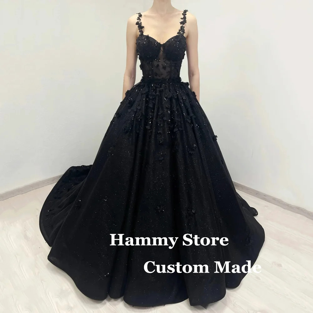 Luxury Black Wedding Dress Customiz Spaghetti Straps Sweetheart Sparkling Flower
