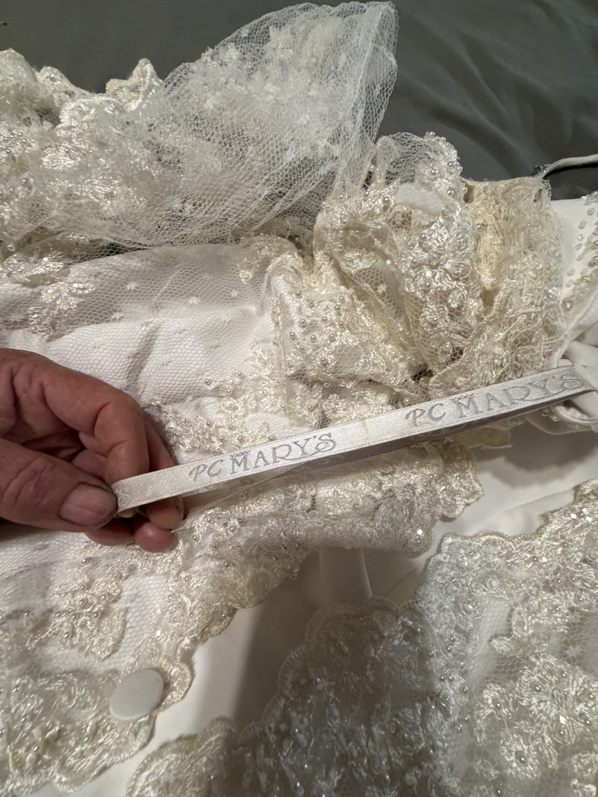 PC MARY’S White/Ivory Lace Beaded Long Sleeve A-Line Full-Length Dress