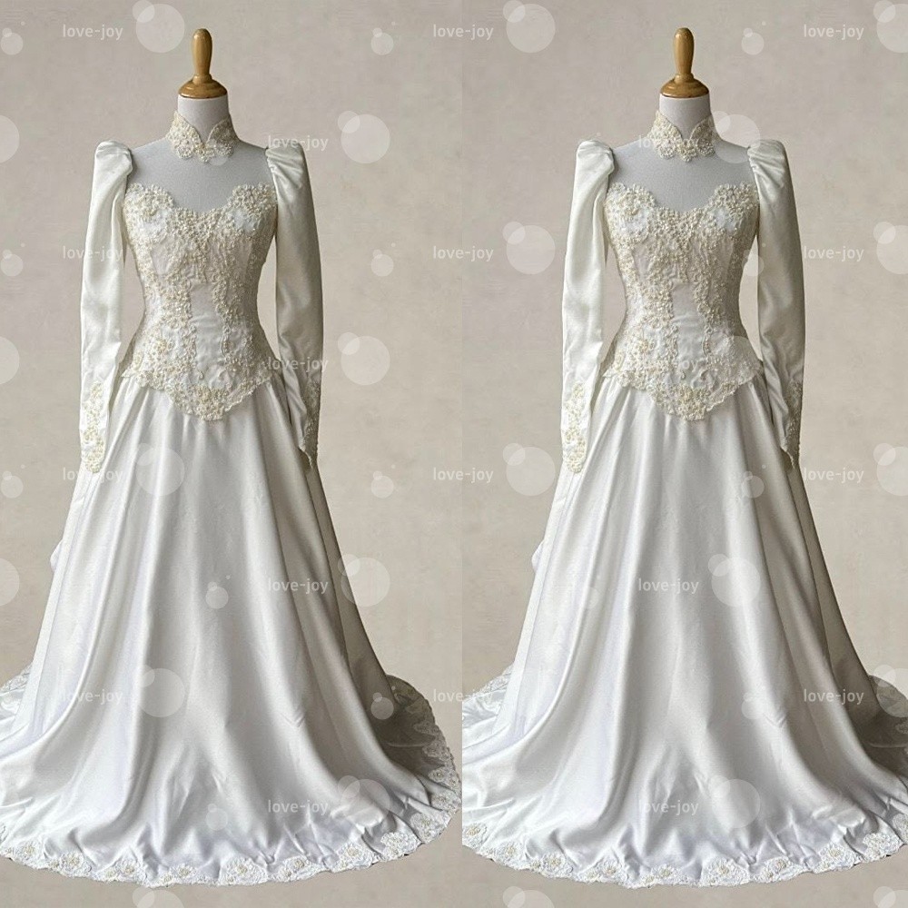 Stain Wedding Dresses Lace Appliqu Sweep Train Long Sleeve Victorian Bridal Gown