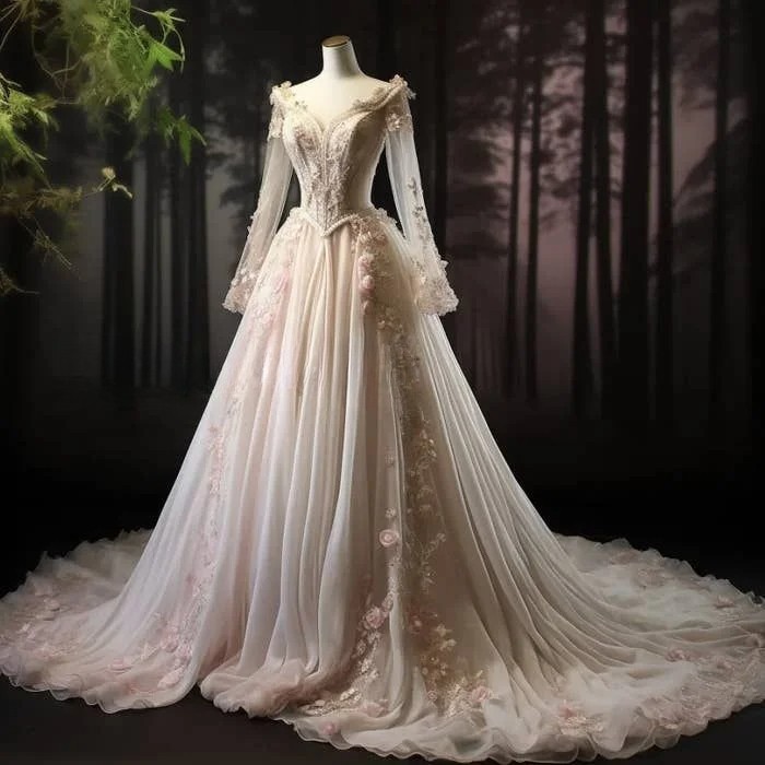 Medieval Wedding Dress Strapless Tulle Long Sleeve 3D Floral Appliques Victorian