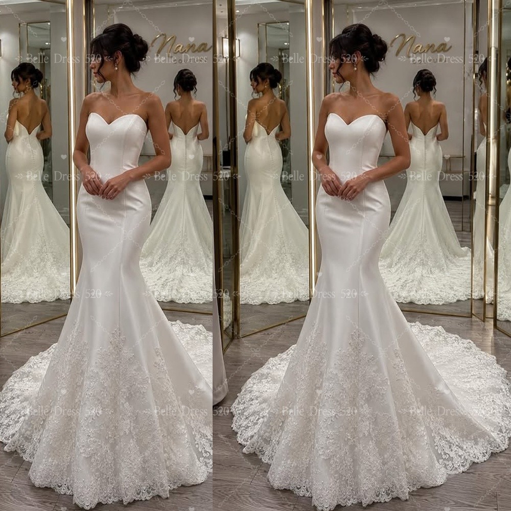 Mermaid Wedding Dresses Stain Strapless Sweep Train Lace Applique Bridal Gowns