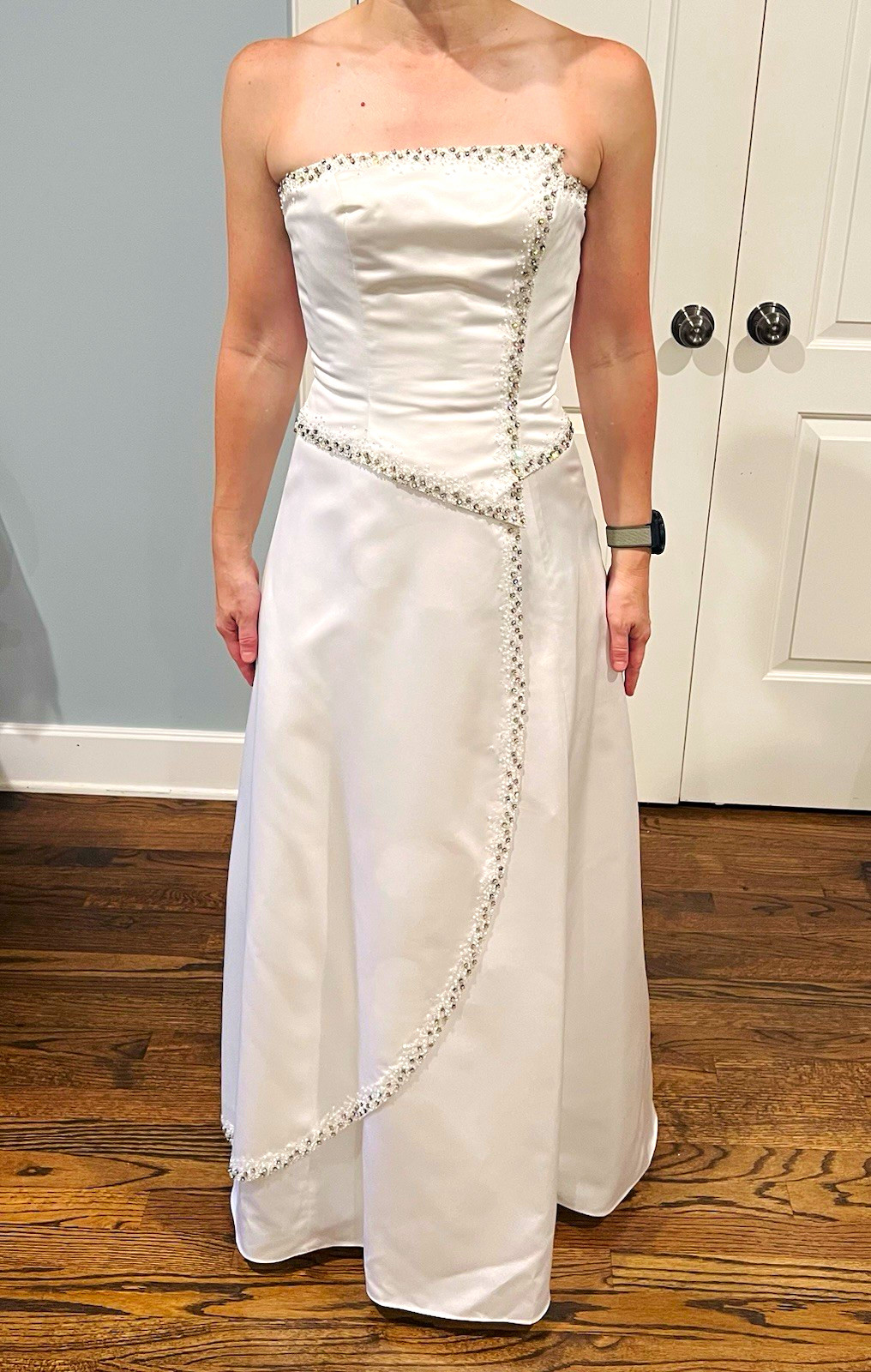 Jovani Strapless White Satin A-Line Full-Length Wedding Dress 2 Beaded Zipper