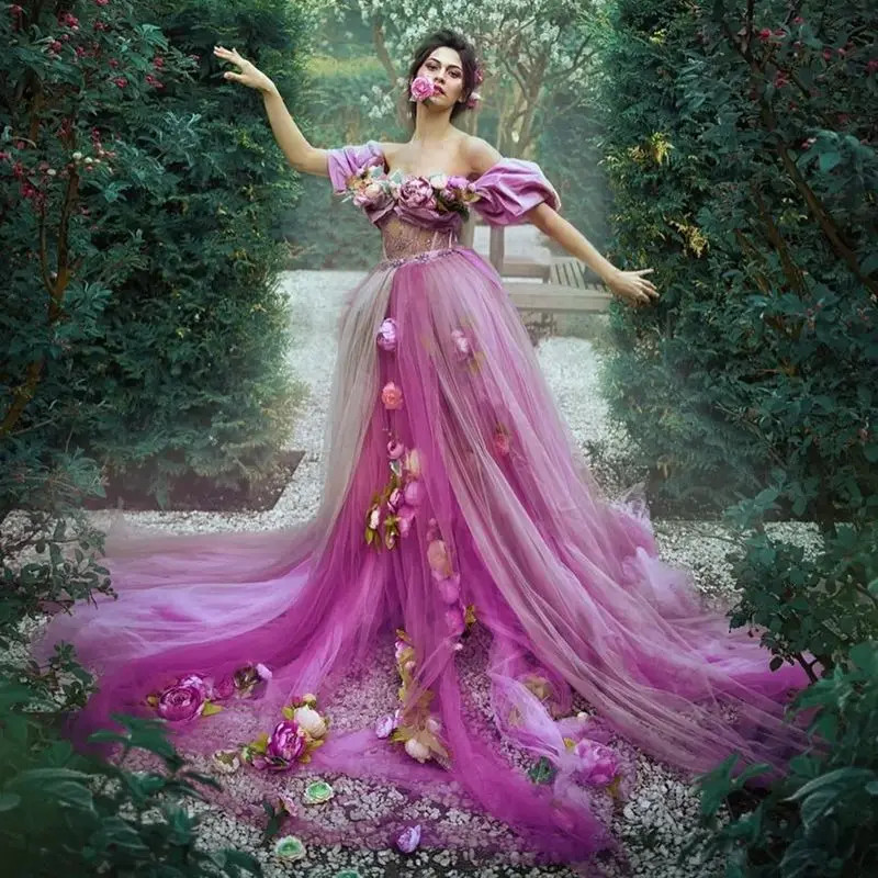 Light Pink Off Shoulder Wedding Dress Floral Dress 3D Flowers Bridal Gowns