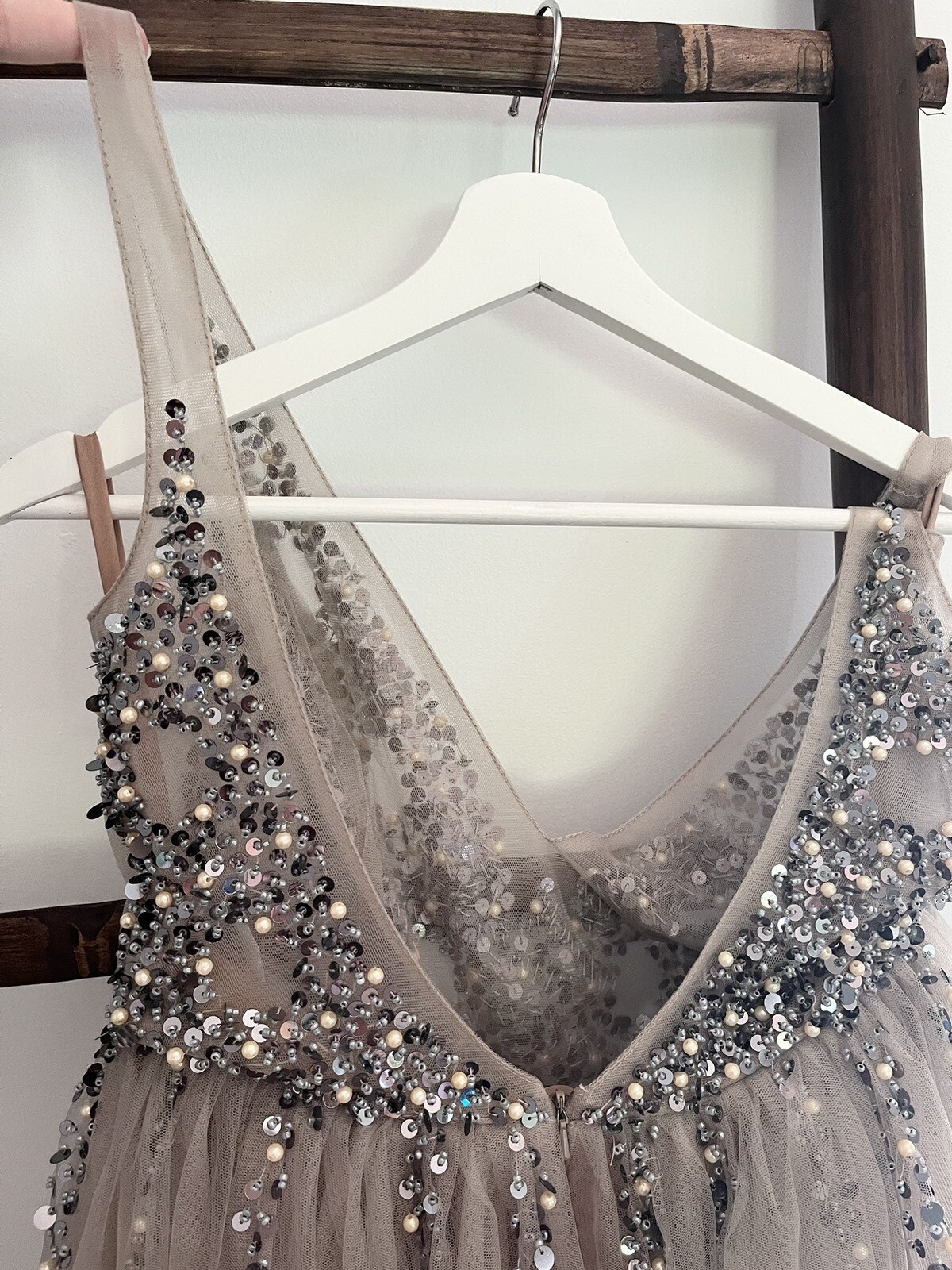 Boho Pearl and Sequin Taupe Tulle Wedding Dress with Slit Bridal Formal Gown