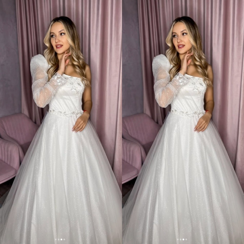 Elegant Wedding Dresses Lace One Shoulder Long Sleeves Sweep Train Bridal Gown